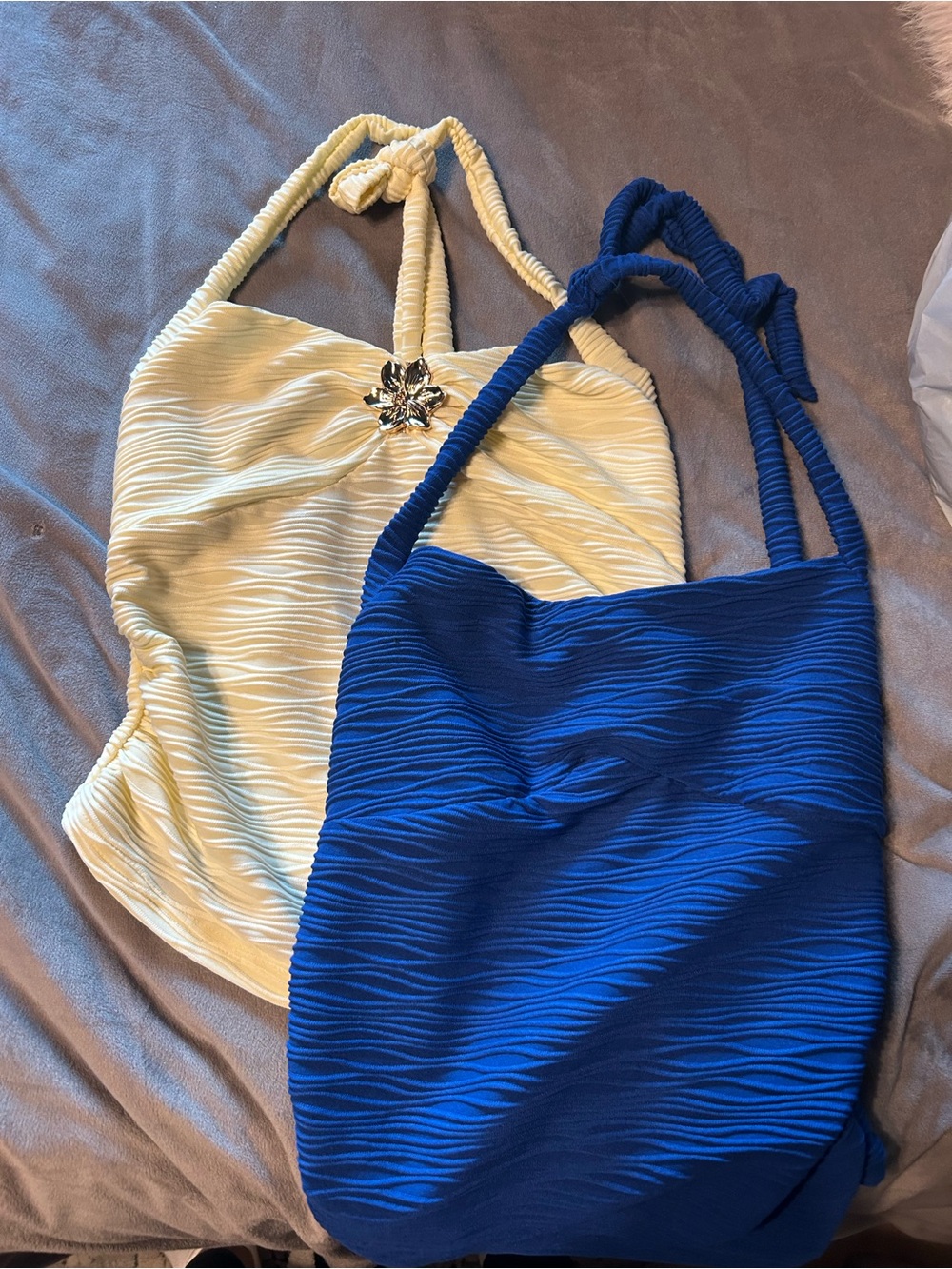 SHEIN Yellow & Royal Blue Textured Halter Tops